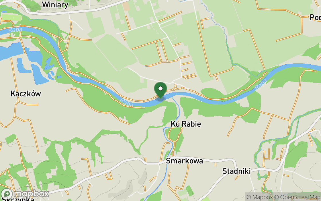 Location map: The shore by the water in Raba, Lesser Poland Voivodeship