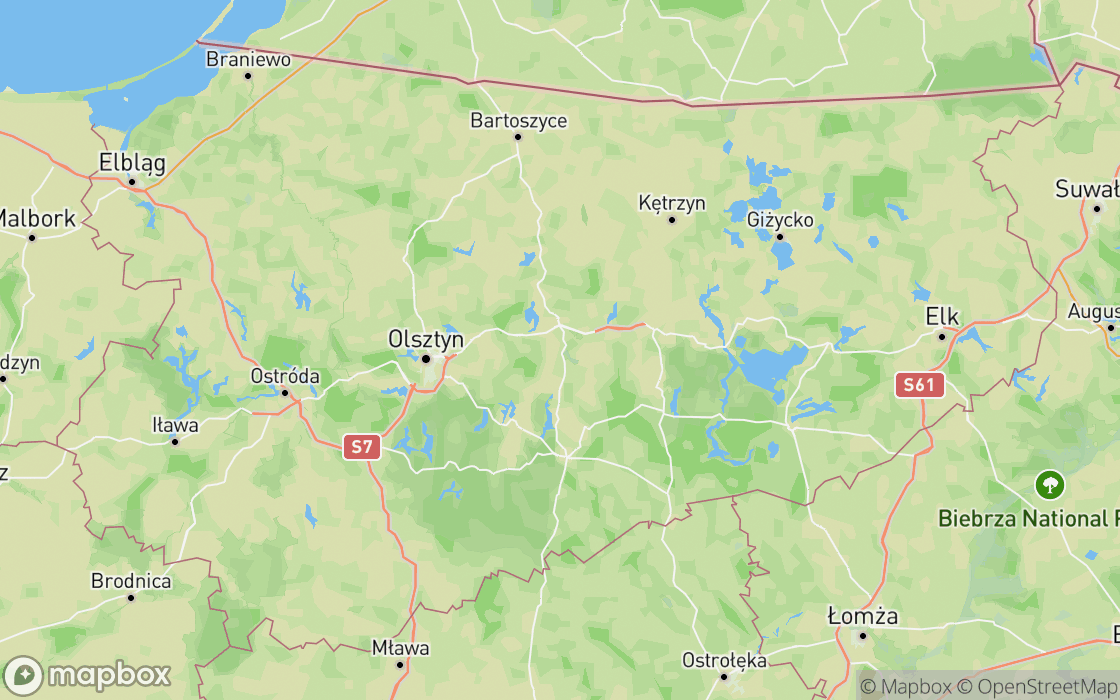 Mapa miejsc w regionie Warmińsko-mazurskie